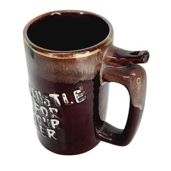 Vintage "Whistle For Your Beer" "Wet Your Whistle" Redware Beer Mug Brown Drip - Picture 7 of 11